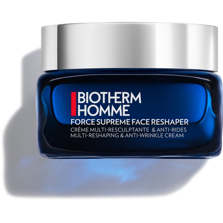 Biotherm Homme Force Supreme Face Reshaper 50ml rynkreducerande lyftkräm i mörkblå glasburk med silverlock