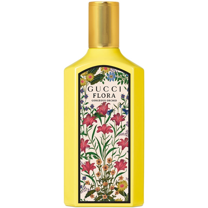 Gucci Flora Gorgeous Orchid 100 ml gucci damparfym i gul glasflaska med guldlock och dekorativt blommönster