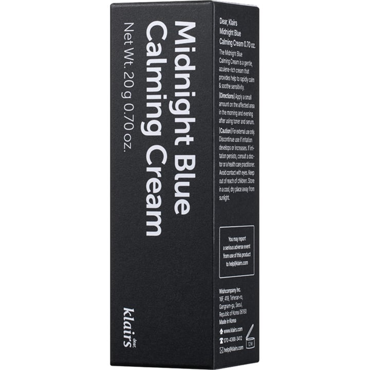 Klairs Midnight Blue Calming Cream 20 g lugnande kräm i svart ytterförpackning som dämpar irriterad hud.