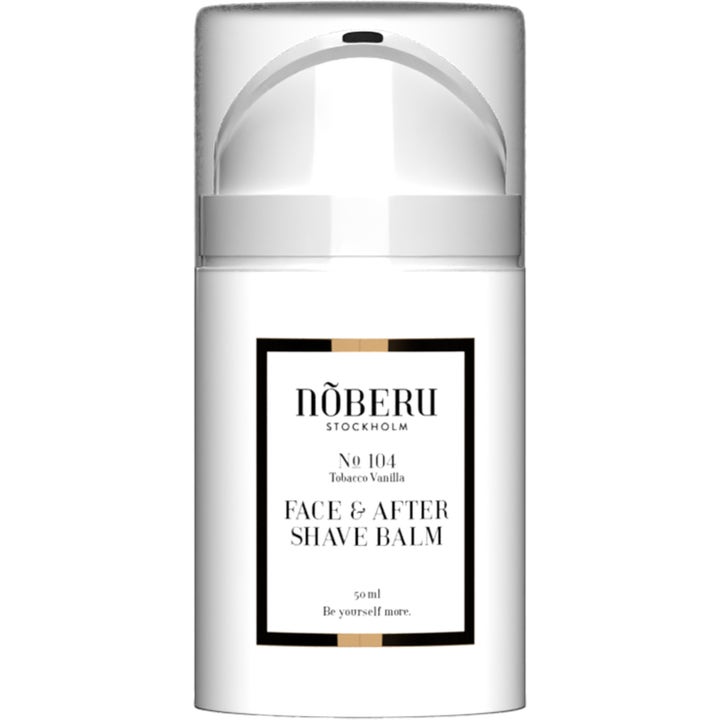 Nõberu No 104 Tobacco Vanilla Face & After Shave Balm 50 ml lugnande after shave i vit pumpflaska med genomskinligt lock.