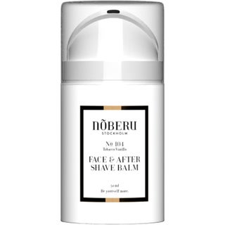 Nõberu No 104 Tobacco Vanilla Face & After Shave Balm 50 ml lugnande after shave i vit pumpflaska med genomskinligt lock.