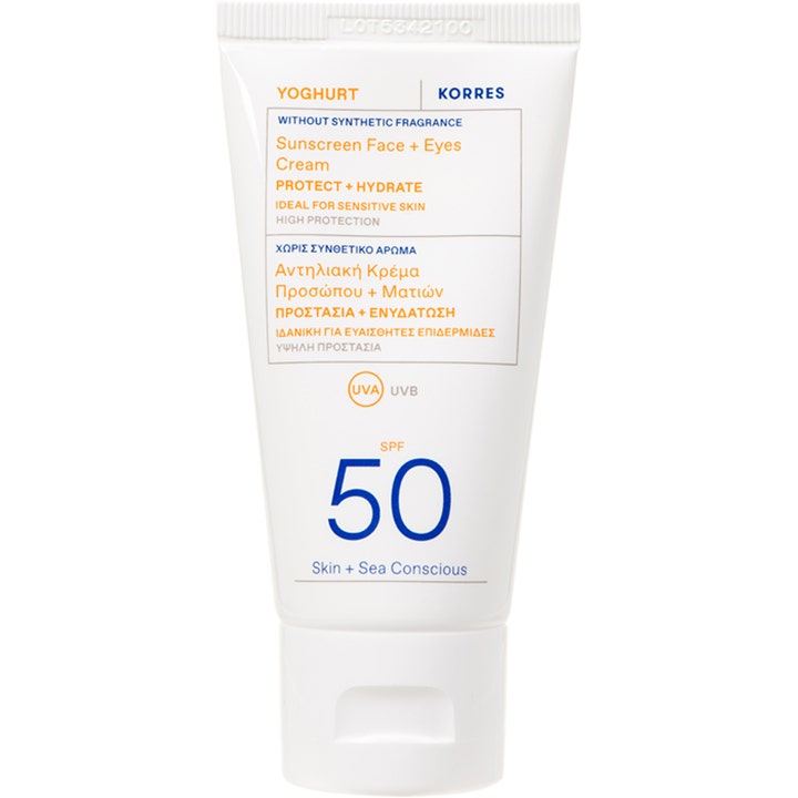 Korres Yoghurt Sunscreen Face + Eyes SPF 50 återfuktande ansiktskräm med spf för känslig hud i vit tub med orange text.