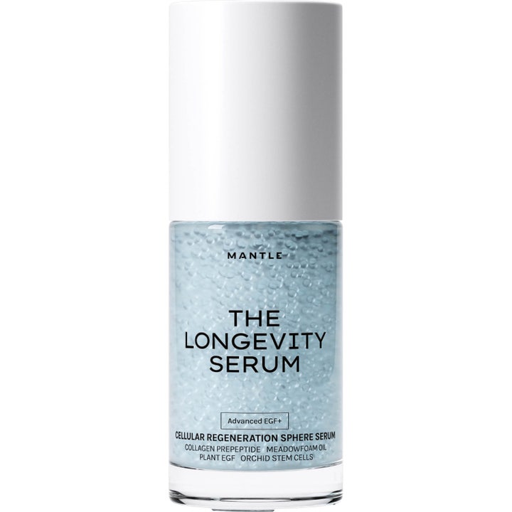 Mantle The Longevity Serum 30 ml förnyande ansiktsserum med EGF+ i glasflaska med vitt lock och ljusblå sfärer