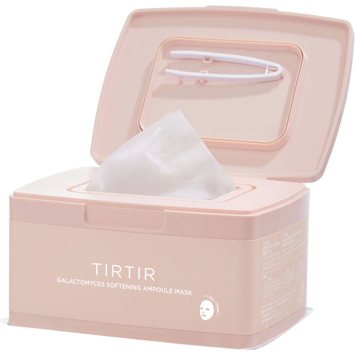 TIRTIR Galactomyces Softening Ampoule Mask 30 st återfuktande ansiktsmask ampoule i ljusrosa box med vit pincett i locket.
