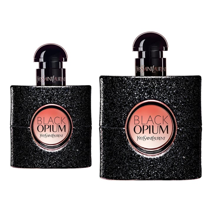 Yves Saint Laurent Black Opium 30ml och 80ml eau de parfum i två svarta glittriga flaskor med rosa mittparti