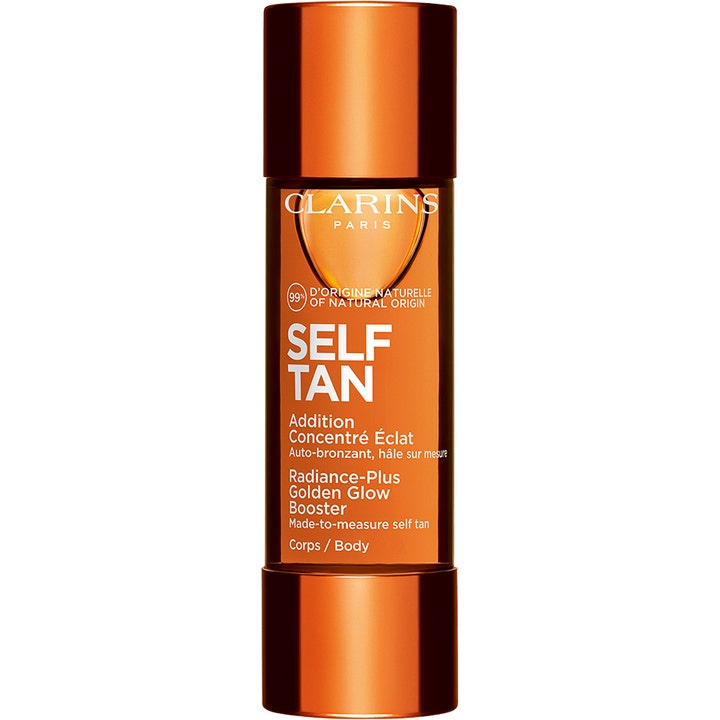 Clarins Radiance-Plus Golden Glow Booster Body brun utan sol ger lyster i en bronsfärgad genomskinlig flaska.