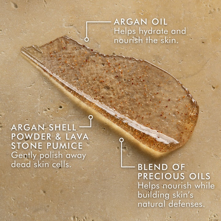 Moroccanoil Body Polishing Scrub 200 ml exfolierande kroppsskrubb med arganolja visar gel med korn av arganskal och lavasten.