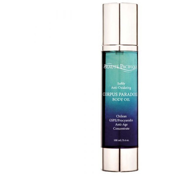 Beauté Pacifique Corpus Paradoxe Body Oil 100 ml anti-age kroppsolja i blåtonad flaska med silverdetaljer.