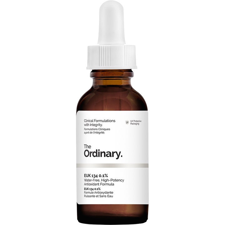 The Ordinary EUK 134 0.1% 30 ml antioxidanter ansiktsvård i en brun UV-skyddande glasflaska med vit pipett