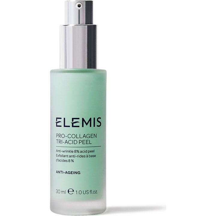 Elemis Pro-Collagen Tri-Acid Peel 30 ml kemisk peeling hemma för anti-aging föryngring i en frostad glasflaska med silverpump