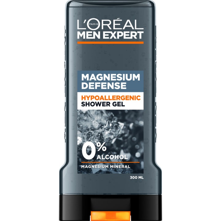 L'Oréal Men Expert Magnesium Defence duschtvål för män allergitestad i grå genomskinlig flaska med svart lock