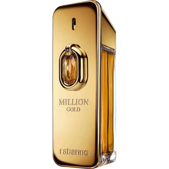 Rabanne Million Gold Elixir 100 ml eau de parfum i guldfärgad flaska med guldlänk och bärnstensfärgad vätska