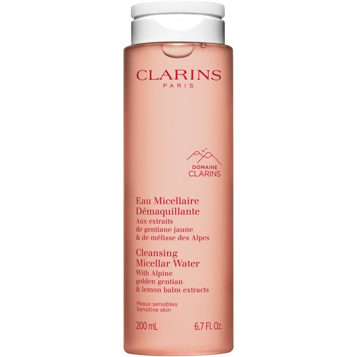Clarins Cleansing Micellar Water 200 ml alkoholfritt micellärvatten i persikofärgad flaska med vitt lock.