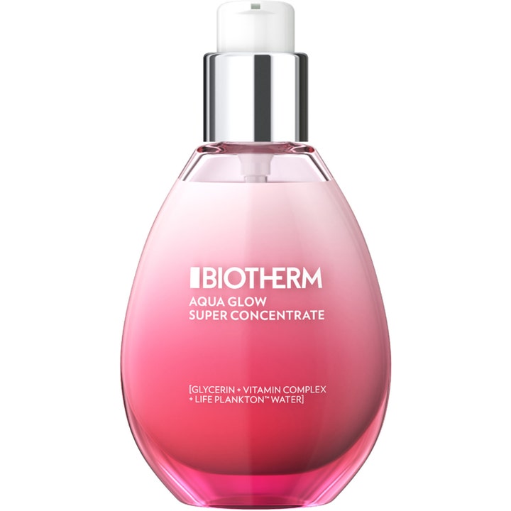 Biotherm Aqua Glow Super Concentrate 50 ml aqua glow återfuktande ansiktskräm i rosa tonad glasflaska med silverpump