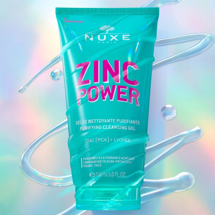 Nuxe Zinc Power Purifying Cleansing Gel 150 ml renande ansiktsrengöring i turkos tub med rosa text och gelvirvlar