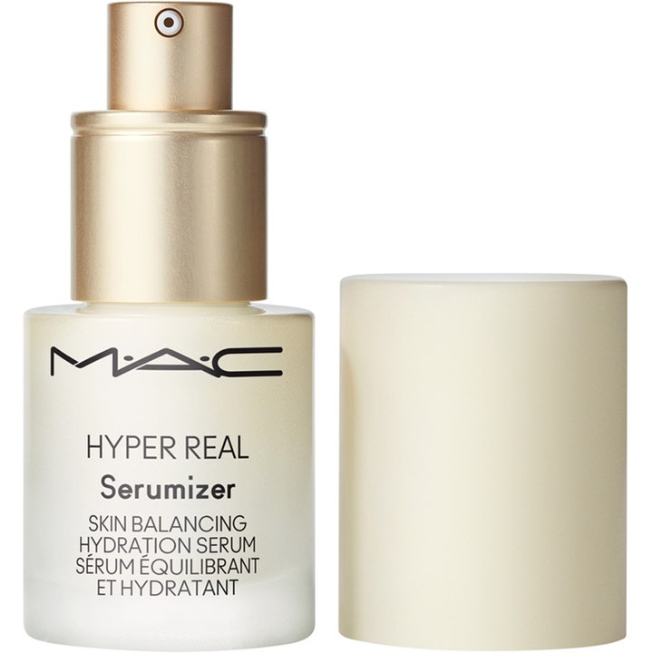 MAC Cosmetics Hyper Real Serumizer 15 ml återfuktande serum i glasflaska med guldpump och krämvitt lock.