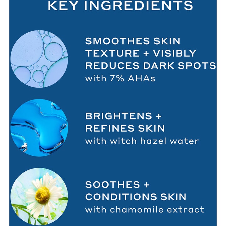 Ole Henriksen Glow2OH Dark Spot Toner 190 ml infografik visar hur AHA och kamomill ger lyster och jämnar ut huden.