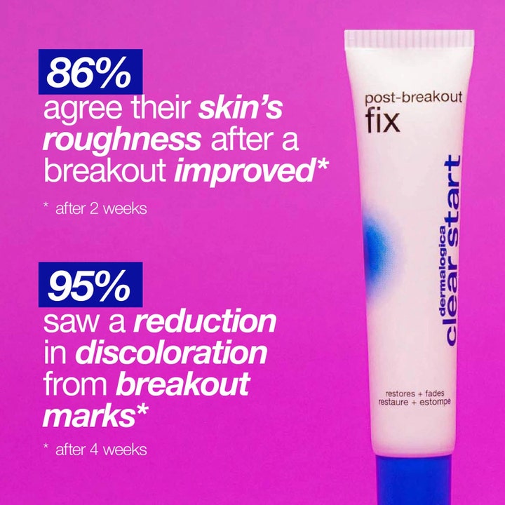 Dermalogica Post-Breakout Fix 15 ml aknebehandlingsserum för fläckblekning i vit tub mot rosa bakgrund med statistik.