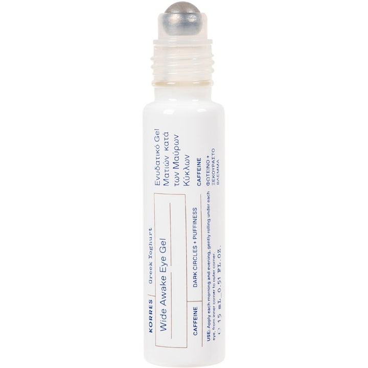 Korres Greek Yoghurt Wide Awake Eye Gel 15 ml mot mörka ringar i vit flaska med svalkande rollerball