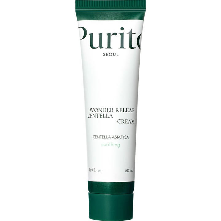 Purito Wonder Releaf Centella Cream 50 ml lugnande ansiktskräm i vit tub med mörkgrönt lock.