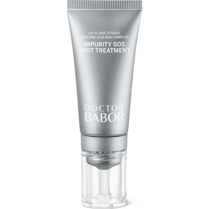 Doctor Babor Impurity SOS Spot Treatment med BHA syra för acne behandling i silverfärgad tub med genomskinlig kork