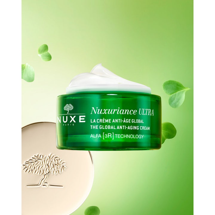 Nuxe Nuxuriance Ultra 50 ml antiaging kräm för djupa rynkor i grön glasburk med vit kräm och gröna blad