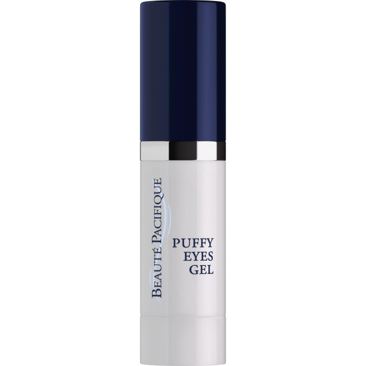 Beauté Pacifique Puffy Eyes Gel 15ml dämpar svullnad i en vit flaska med mörkblått lock och silverdetalj.