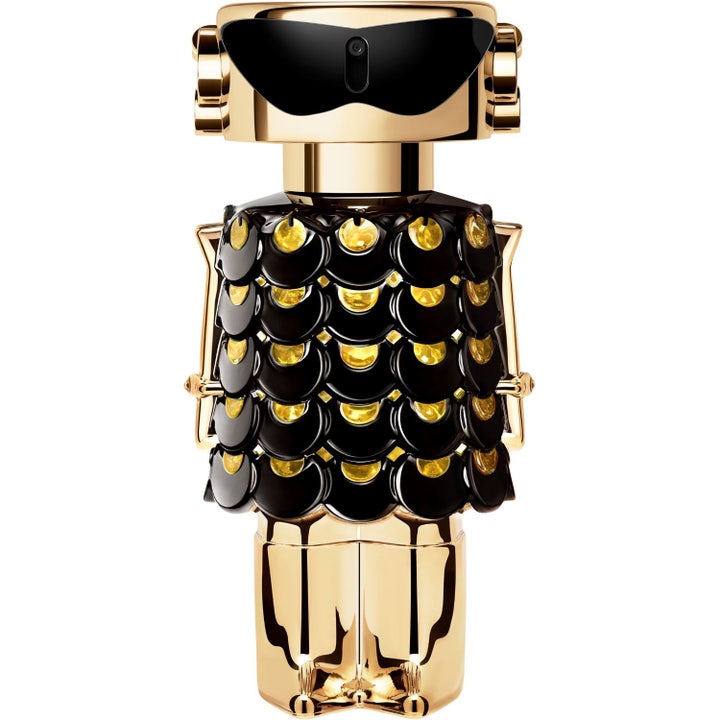 Rabanne Fame Le Parfum 50 ml parfym dam i en guldglänsande robotformad flaska prydd med svarta paljetter