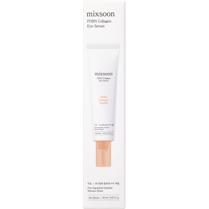 Mixsoon PDRN Collagen Eye Serum 20 ml återfuktande ögonkräm i vit kartong med bild av tub och persikofärgad kork.
