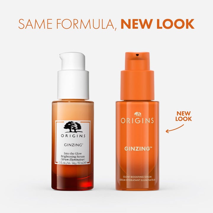 Origins Glow Getter 45 ml lystergivande serum visas i ny orange pumpflaska bredvid den tidigare vita designen.