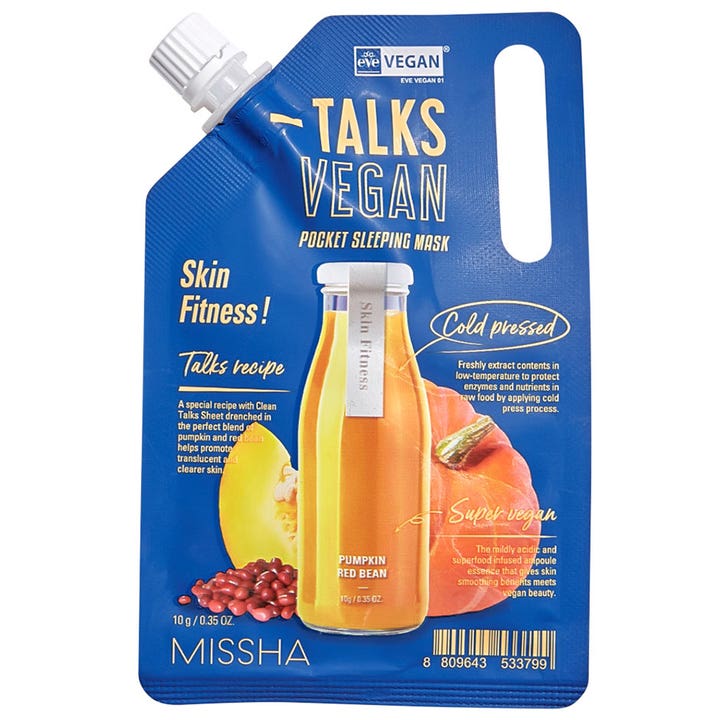 Missha Talks Vegan Pocket Sleeping Mask 10 g sovmask ansiktsvård i en blå påse med vit skruvkork och motiv av en pumpa.