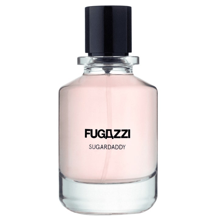 Fugazzi Sugardaddy 100 ml lyxig unisexparfym i genomskinlig glasflaska med ljusrosa vätska och svart lock
