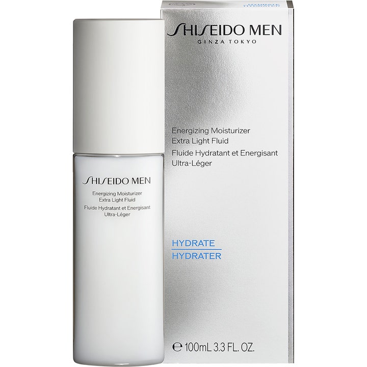 Shiseido Men Energizing Moisturizer Fluid 100 ml uppiggande fuktkräm män i vit pumpflaska och silvrig kartong