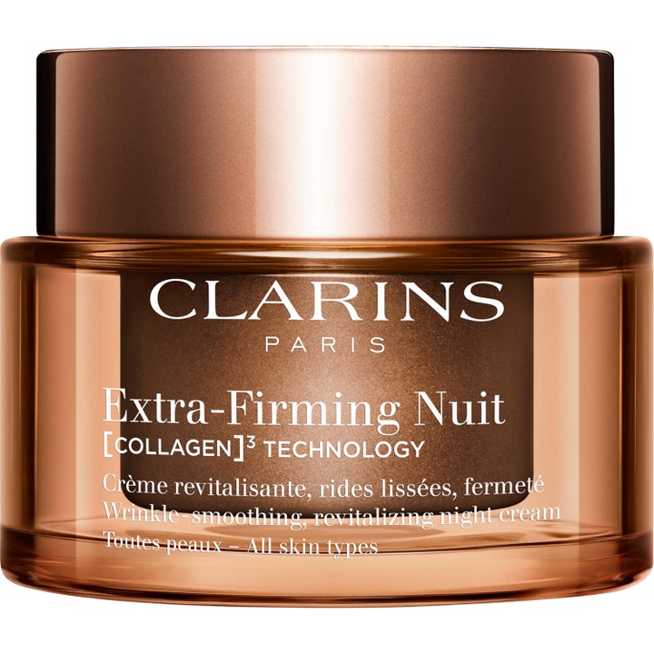 Clarins extra-firming nattkräm 50 ml anti age hudvård för slapp hud i en lyxig bronsfärgad glasburk med matchande lock