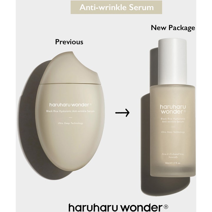 haruharu wonder Black Rice Hyaluronic Anti-wrinkle Serum 50 ml i ny förpackning visar gammal och ny design