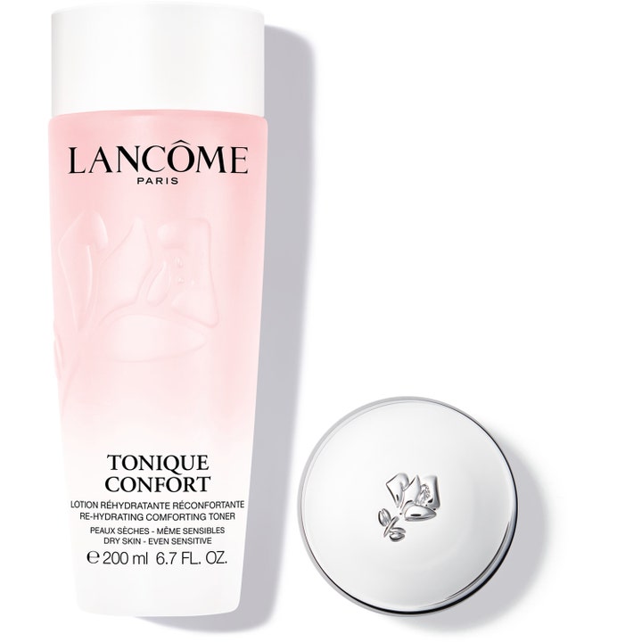 Lancôme Tonique Confort 200 ml lugnande hudvård i ljusrosa flaska med vitt lock för torr hud