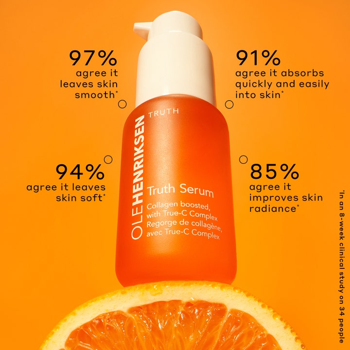 Ole Henriksen Truth Serum 30 ml vitamin C serum ger antiåldrande kollagen boost intill en apelsinskiva.