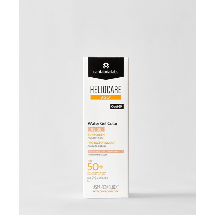 Heliocare Water Gel Color Beige 50 ml återfuktande solskyddskräm i vit ytterkartong med SPF 50