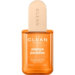 Clean Papaya Paradise Hair & Body Perfume Mist 88 ml parfymspray i orange genomskinlig flaska med beige lock
