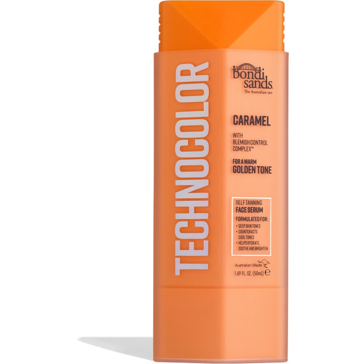 Bondi Sands Technocolor Caramel 50ml brun utan sol ansikte blemish control serum i en orange rektangulär flaska