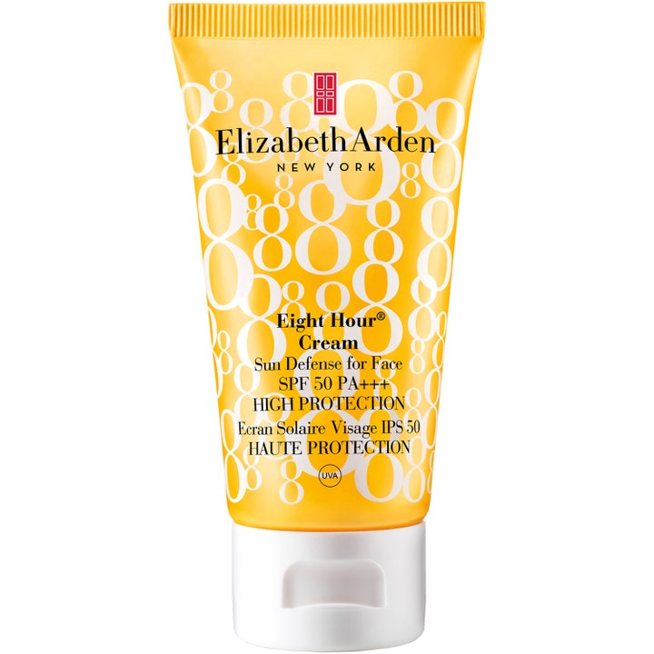 Elizabeth Arden Eight Hour Cream solkräm SPF 50 är en ansiktskräm med spf 50 i gul plasttub med vitt lock.