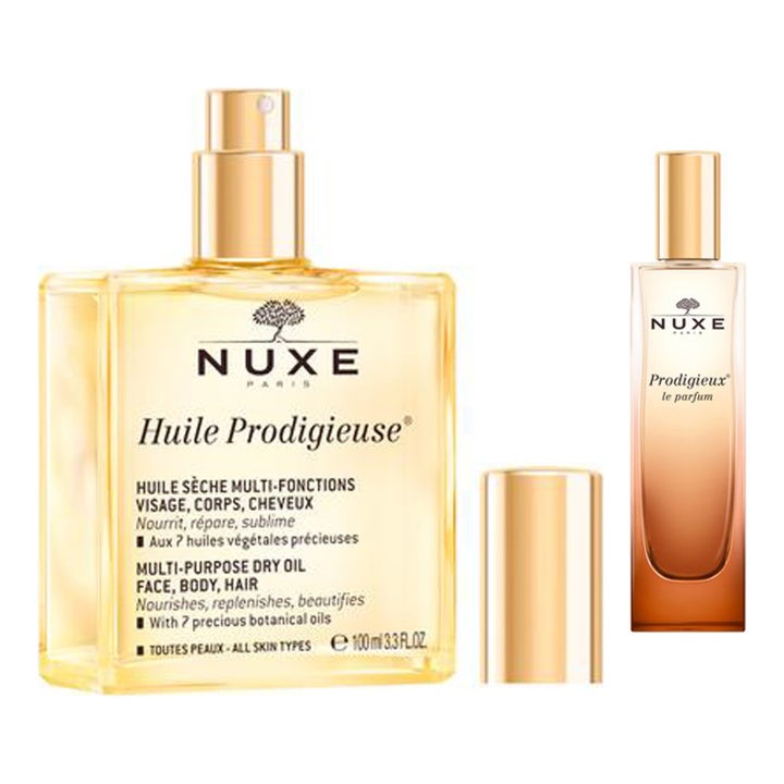 Nuxe Prodigieux le parfum och Huile Prodigieuse vårdande olja för torr hud i eleganta glasflaskor med guldlock