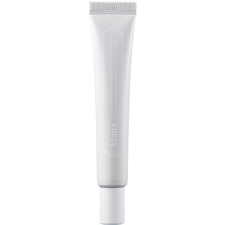Klairs Fundamental Nourishing Eye Butter 20 g närande K-beauty ögonkräm i en stilren vit tub med silverdetaljer.