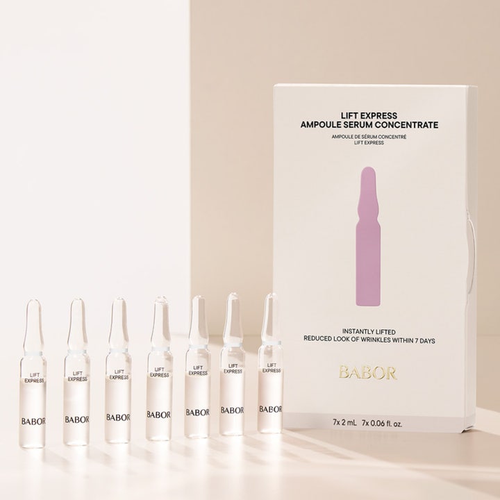 Babor Ampoule Lift Express 14 ml lyftande serum mot rynkor med sju glasampuller framför vit ytterbox