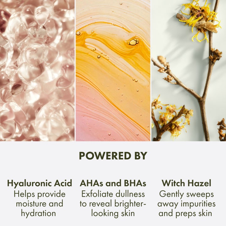 Origins Checks and Balances 150 ml toner visar ingredienser som hyaluronsyra, AHA och BHA för återfuktad hy med lyster.