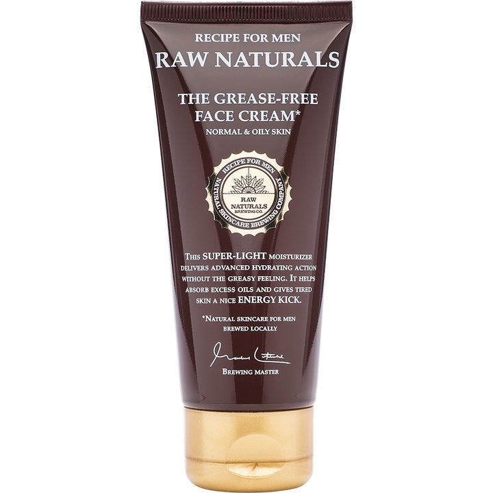 Raw Naturals The Grease-Free Face Cream oljekontrollerad absorberande ansiktskräm i mörkbrun tub med guldlock.