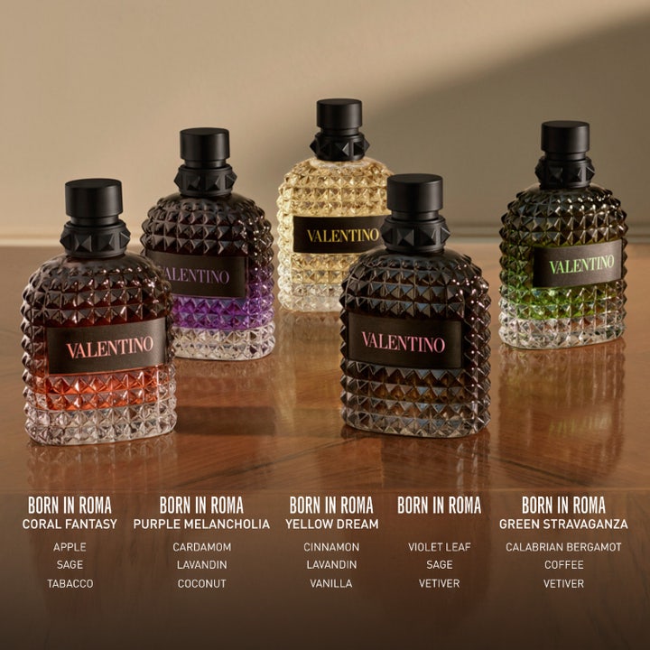 Valentino Born in Roma Uomo Intense 100 ml herrparfym med fyra nitprydda flaskor intill lavendel och kanelstång
