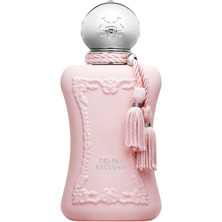 Parfums de Marly Delina Exclusif 30 ml feminin niche parfym i en dekorativ ljusrosa flaska med silverkork och tofsar