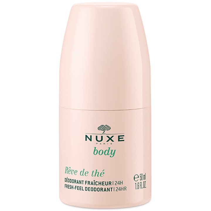 Nuxe Body Rêve de Thé 50 ml roll-on deodorant med grönt te i en ljust rosa plastförpackning som ger fräschör.