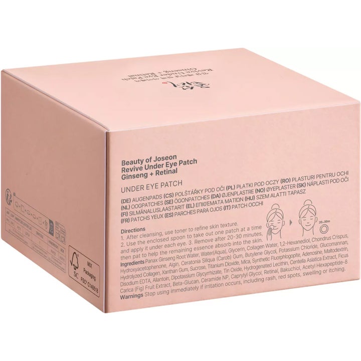 Beauty of Joseon Revive Under Eye Patch 93 g ögonmasker med ginseng i en ljusrosa ytterkartong med instruktioner